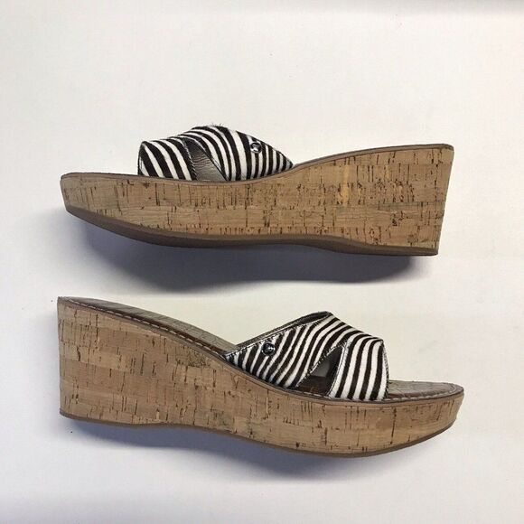 Sam Edelman Reid Zebra Print Cork Wedge Leather Slides Sandals Size 11M - Picture 3 of 12
